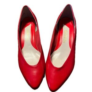 Vintage Red Leather Low Wedge Almond Toe Pumps Made in USA 7 Art Deco